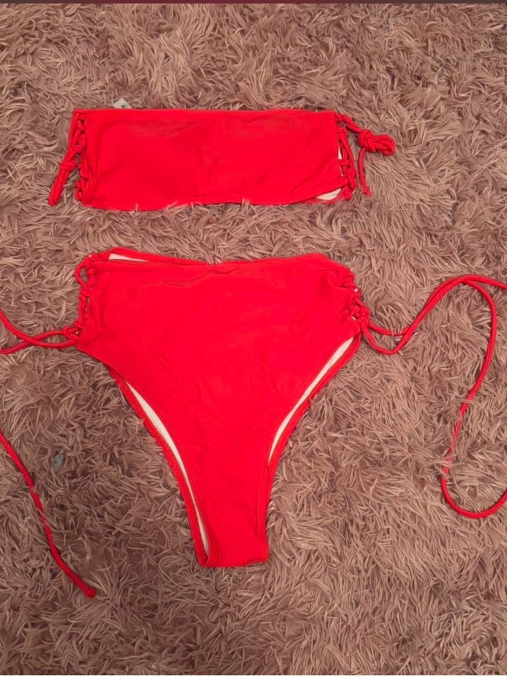 SHEIN Red Lace-Up Bandeau High-Waist Bikini Set